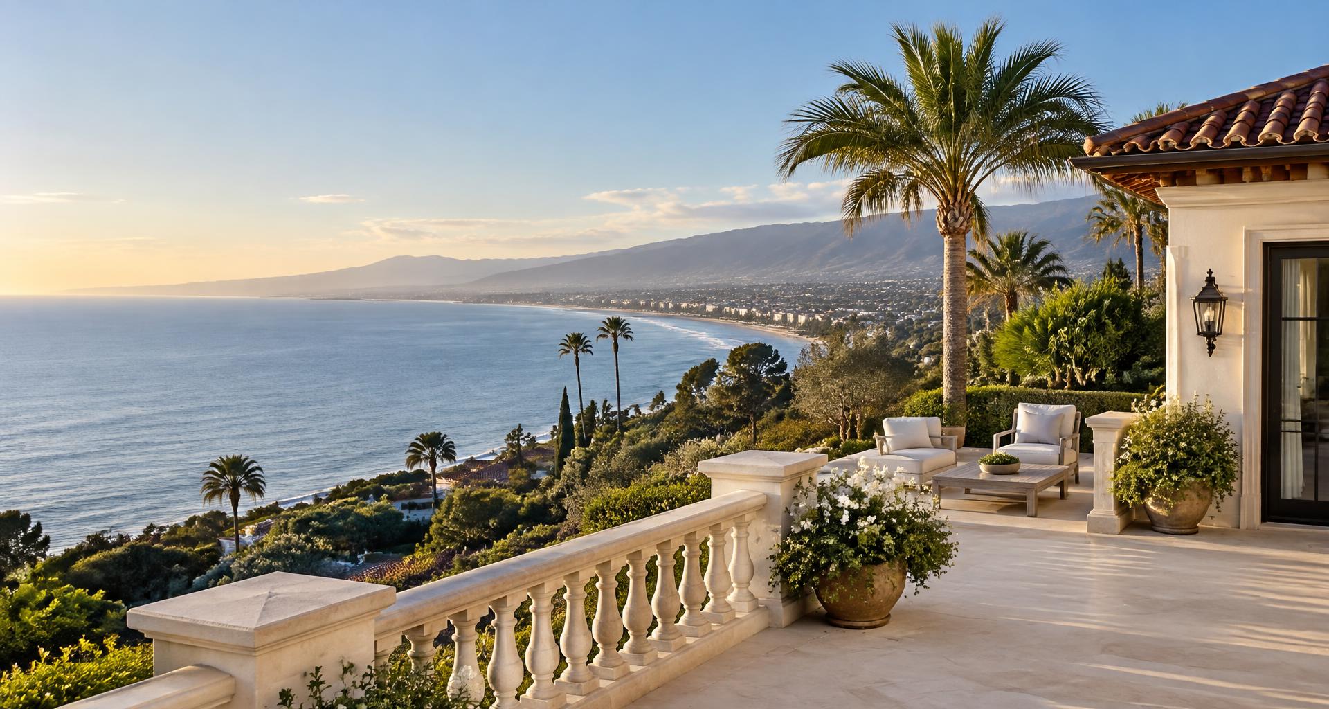 Illustrative Mediterranean coastal terrace overlooking the Santa Barbara coastline